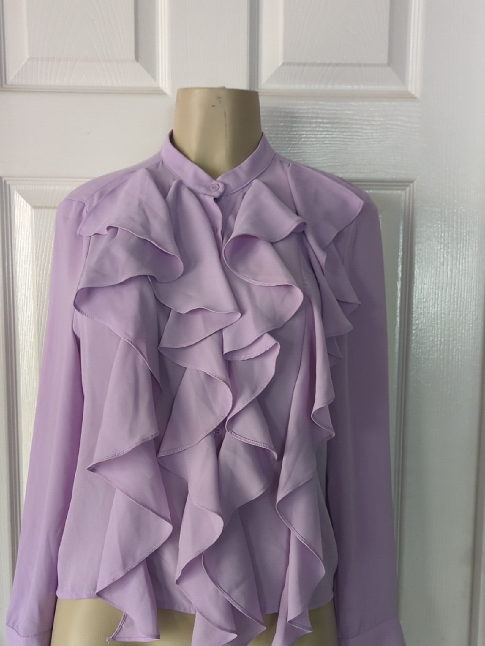 Lavender Ruffle Front Mandarin-Collar Blouse